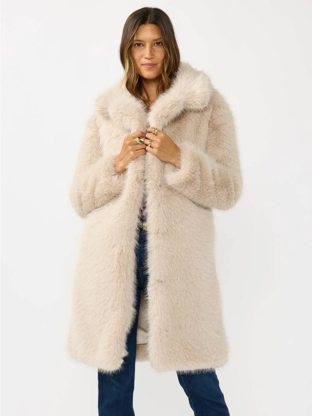 Oxana Women's Cream Faux-Fur Long Coat